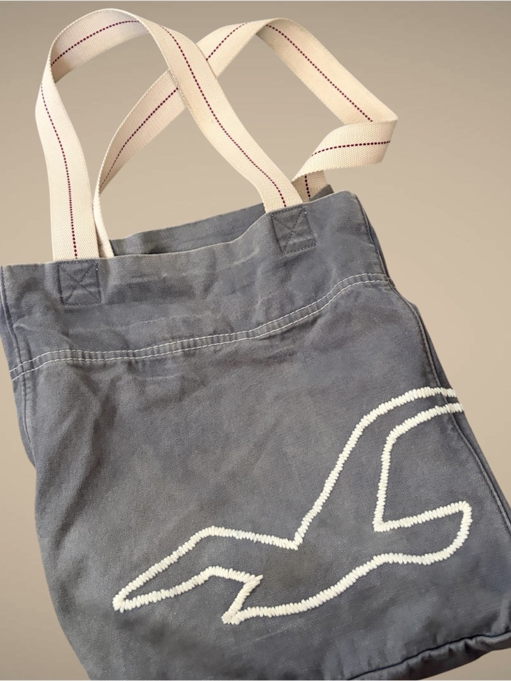 Y2K Hollister Gray Canvas Tote Bag with Bird Logo